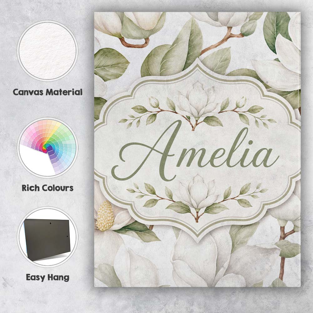 Personalised Name Delicate Magnolia Bloom Custom  Unique Gift Idea Elegant Feature Canvas Wall Art Print Decor Picture Ready to Hang