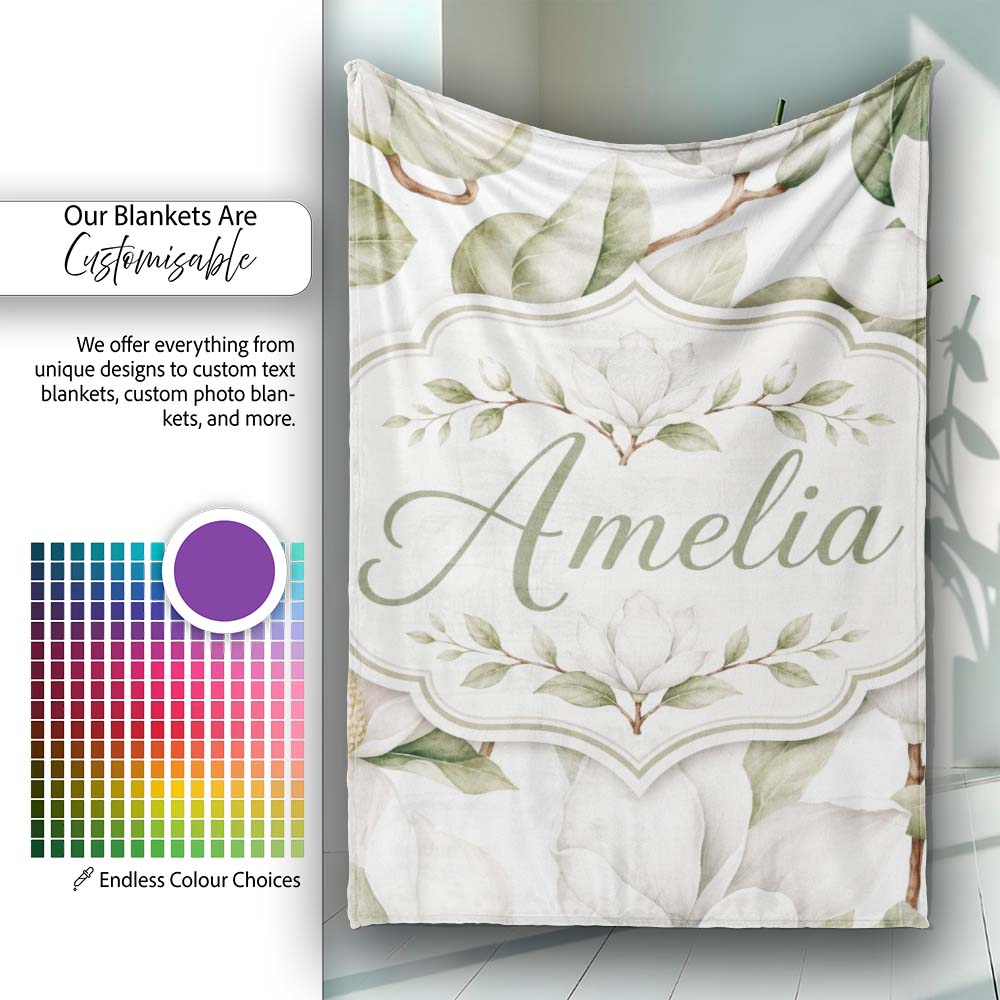 Delicate Magnolia Bloom Pattern with Soft Botanical Leaves Seamless  Personalised Custom Name Super Soft Fleece Blanket Bed Sofa Throw