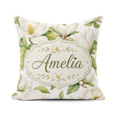 Custom Name Elegant White Magnolia Flowers Green Leaves Seamless Square Filled Cushion Throw Pillow Sofa Bed Home Decor Zip Washable UK Made