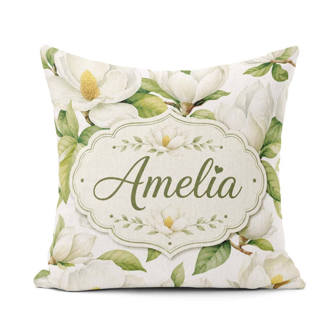 Custom Name Elegant White Magnolia Flowers Green Leaves Seamless Square Filled Cushion Throw Pillow Sofa Bed Home Decor Zip Washable UK Made