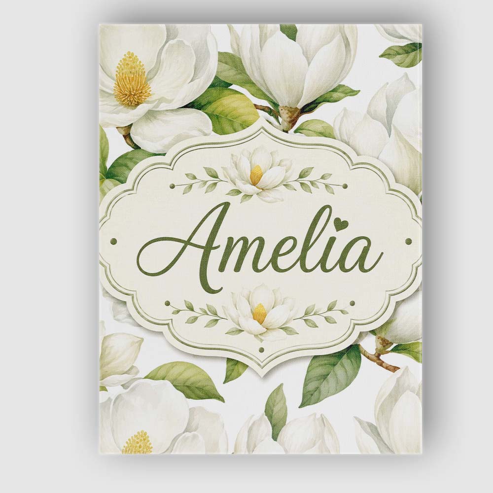 Personalised Name Elegant White Magnolia Custom  Interior Decorative Contemporary Canvas Wall Art Print Decor Picture Ready to Hang