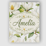 Personalised Name Elegant White Magnolia Custom  Interior Decorative Contemporary Canvas Wall Art Print Decor Picture Ready to Hang