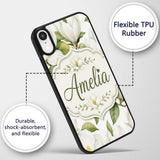 Elegant White Magnolia Flowers and Green Leaves Custom Name Protective Phone Case Mobile Cover Durable Everyday Smartphone Shock Resistant