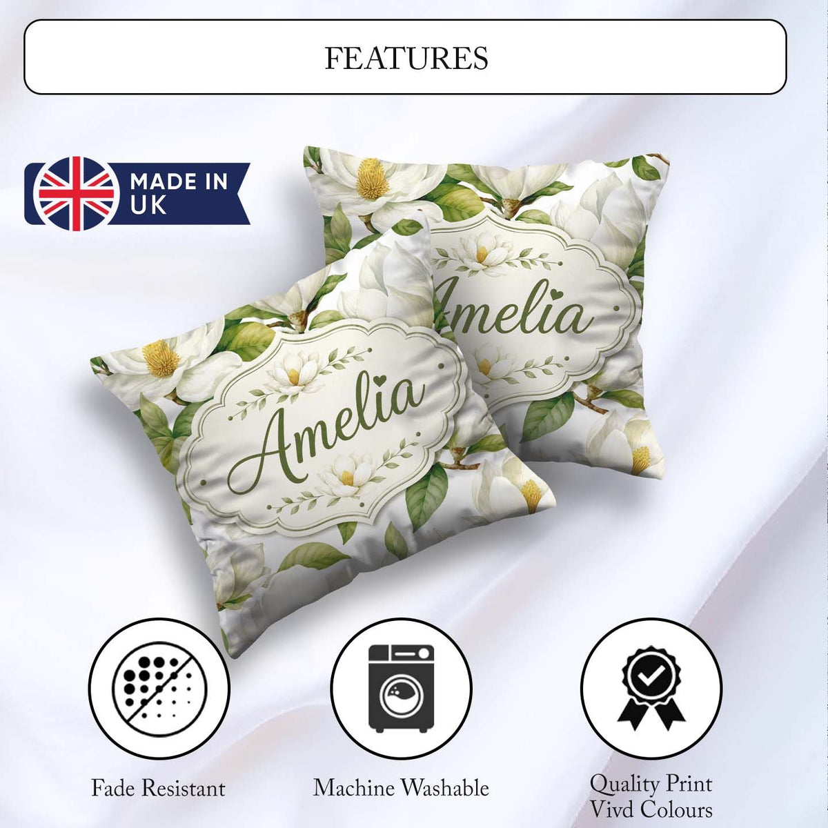 Custom Name Elegant White Magnolia Flowers Green Leaves Seamless Square Filled Cushion Throw Pillow Sofa Bed Home Decor Zip Washable UK Made
