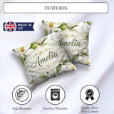 Custom Name Elegant White Magnolia Flowers Green Leaves Seamless Square Filled Cushion Throw Pillow Sofa Bed Home Decor Zip Washable UK Made