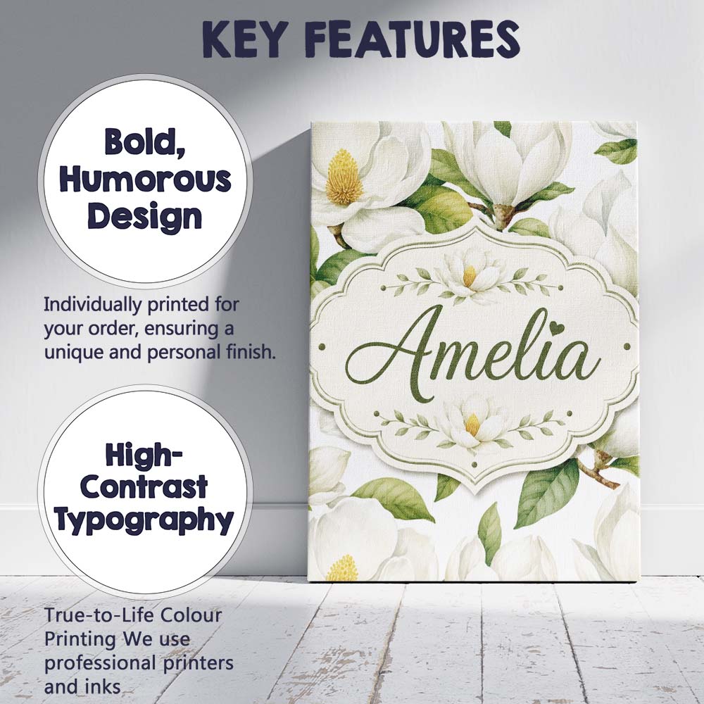 Personalised Name Elegant White Magnolia Custom  Interior Decorative Contemporary Canvas Wall Art Print Decor Picture Ready to Hang
