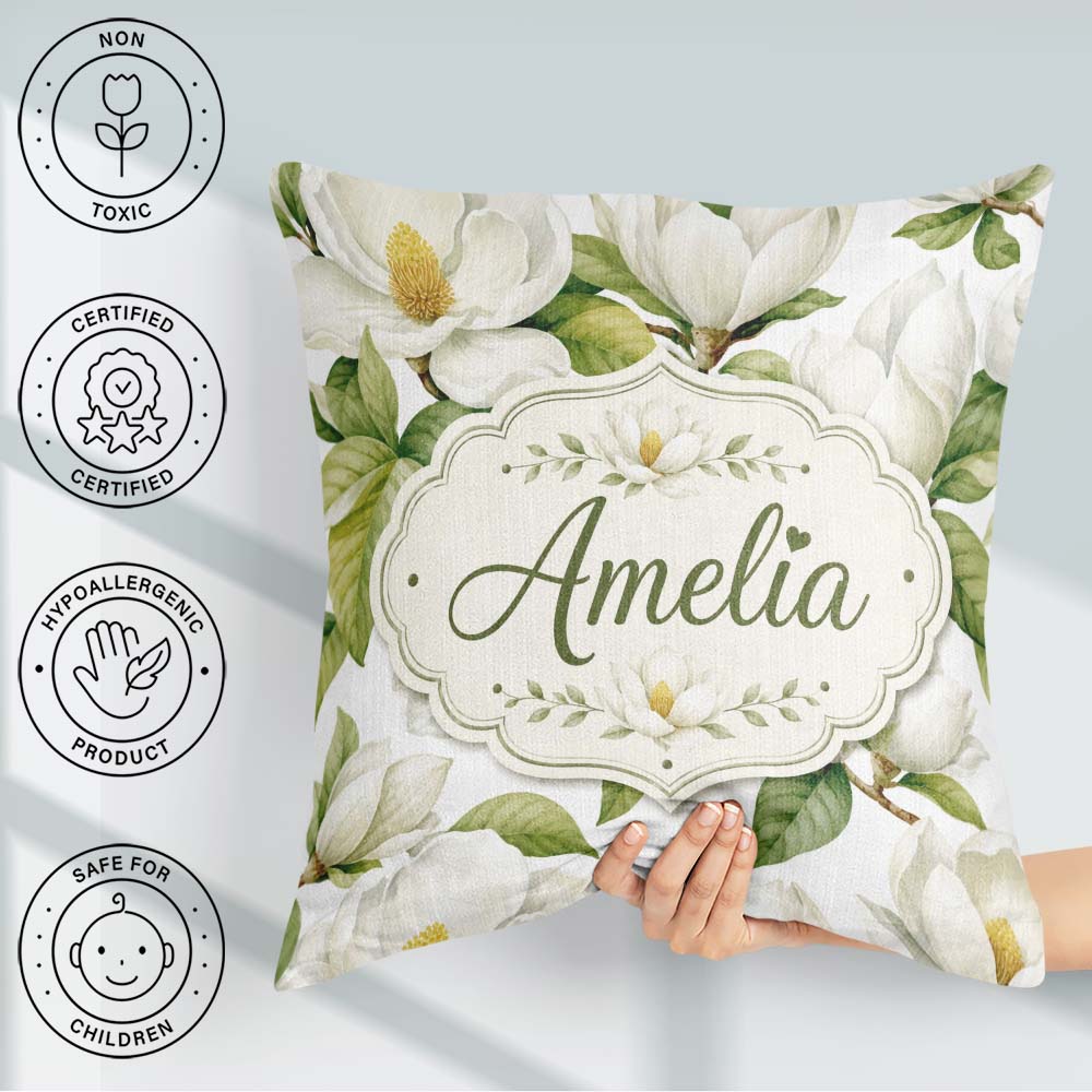 Custom Name Elegant White Magnolia Flowers Green Leaves Seamless Square Filled Cushion Throw Pillow Sofa Bed Home Decor Zip Washable UK Made