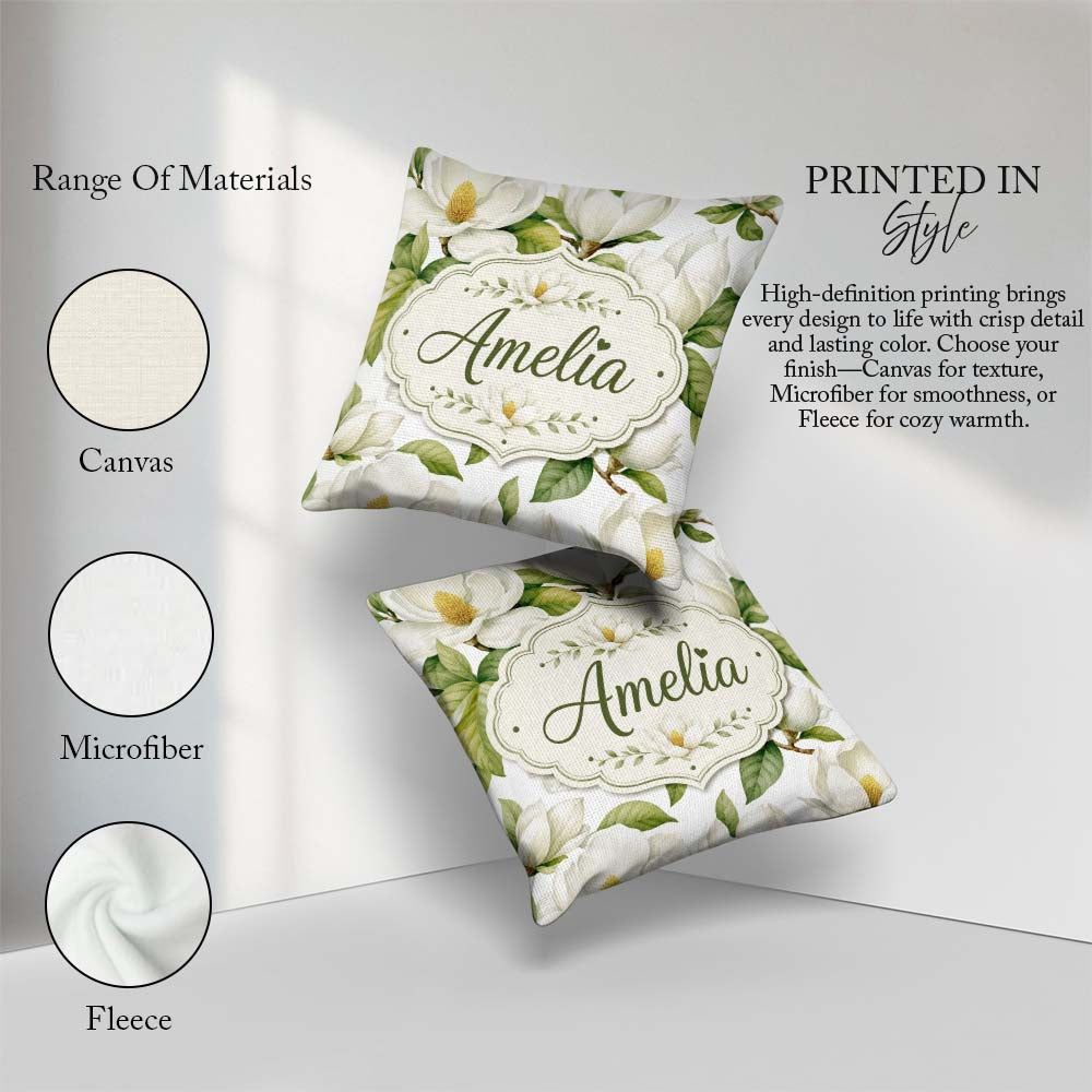 Custom Name Elegant White Magnolia Flowers Green Leaves Seamless Square Filled Cushion Throw Pillow Sofa Bed Home Decor Zip Washable UK Made