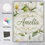 Personalised Name Elegant White Magnolia Custom  Interior Decorative Contemporary Canvas Wall Art Print Decor Picture Ready to Hang