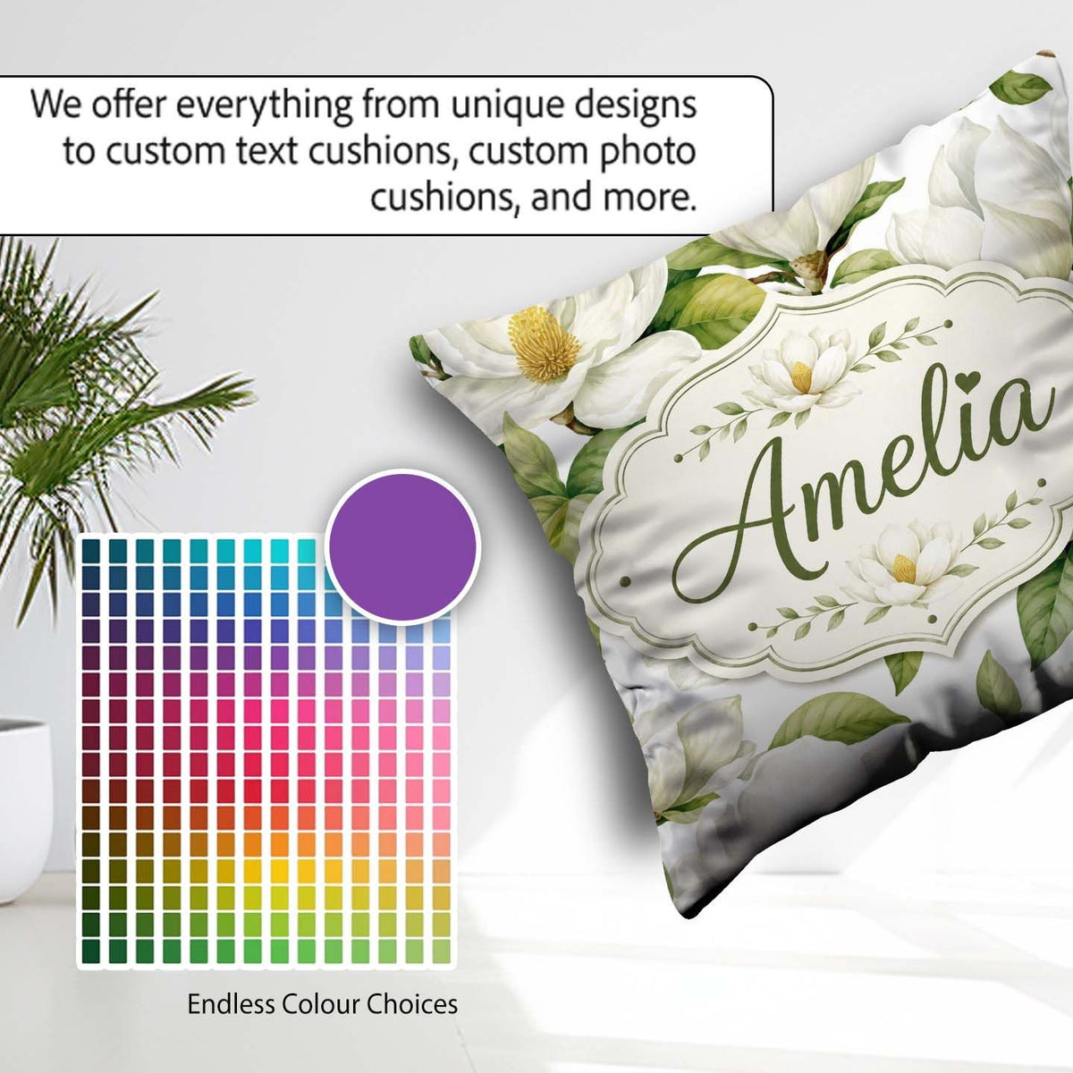 Custom Name Elegant White Magnolia Flowers Green Leaves Seamless Square Filled Cushion Throw Pillow Sofa Bed Home Decor Zip Washable UK Made