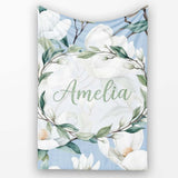 Soft White Magnolia Blossoms on Blue Background Seamless Pattern  Personalised Custom Name Super Soft Fleece Blanket Bed Sofa Throw