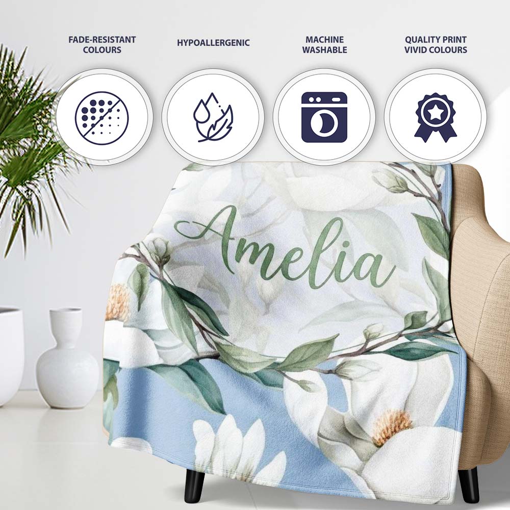 Soft White Magnolia Blossoms on Blue Background Seamless Pattern  Personalised Custom Name Super Soft Fleece Blanket Bed Sofa Throw
