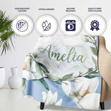 Soft White Magnolia Blossoms on Blue Background Seamless Pattern  Personalised Custom Name Super Soft Fleece Blanket Bed Sofa Throw
