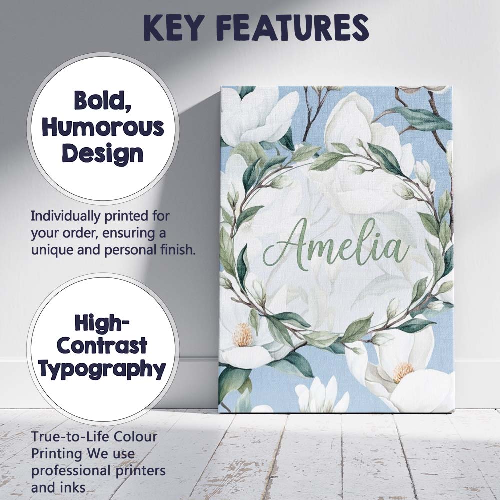 Personalised Name Soft White Magnolia Custom Modern Room Accent Creative Decorator Style Canvas Wall Art Print Decor Picture Ready to Hang