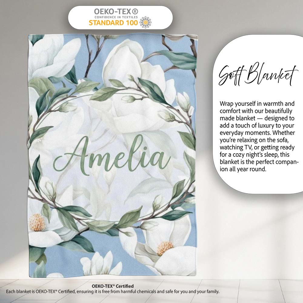 Soft White Magnolia Blossoms on Blue Background Seamless Pattern  Personalised Custom Name Super Soft Fleece Blanket Bed Sofa Throw