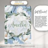 Soft White Magnolia Blossoms on Blue Background Seamless Pattern  Personalised Custom Name Super Soft Fleece Blanket Bed Sofa Throw