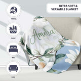Soft White Magnolia Blossoms on Blue Background Seamless Pattern  Personalised Custom Name Super Soft Fleece Blanket Bed Sofa Throw