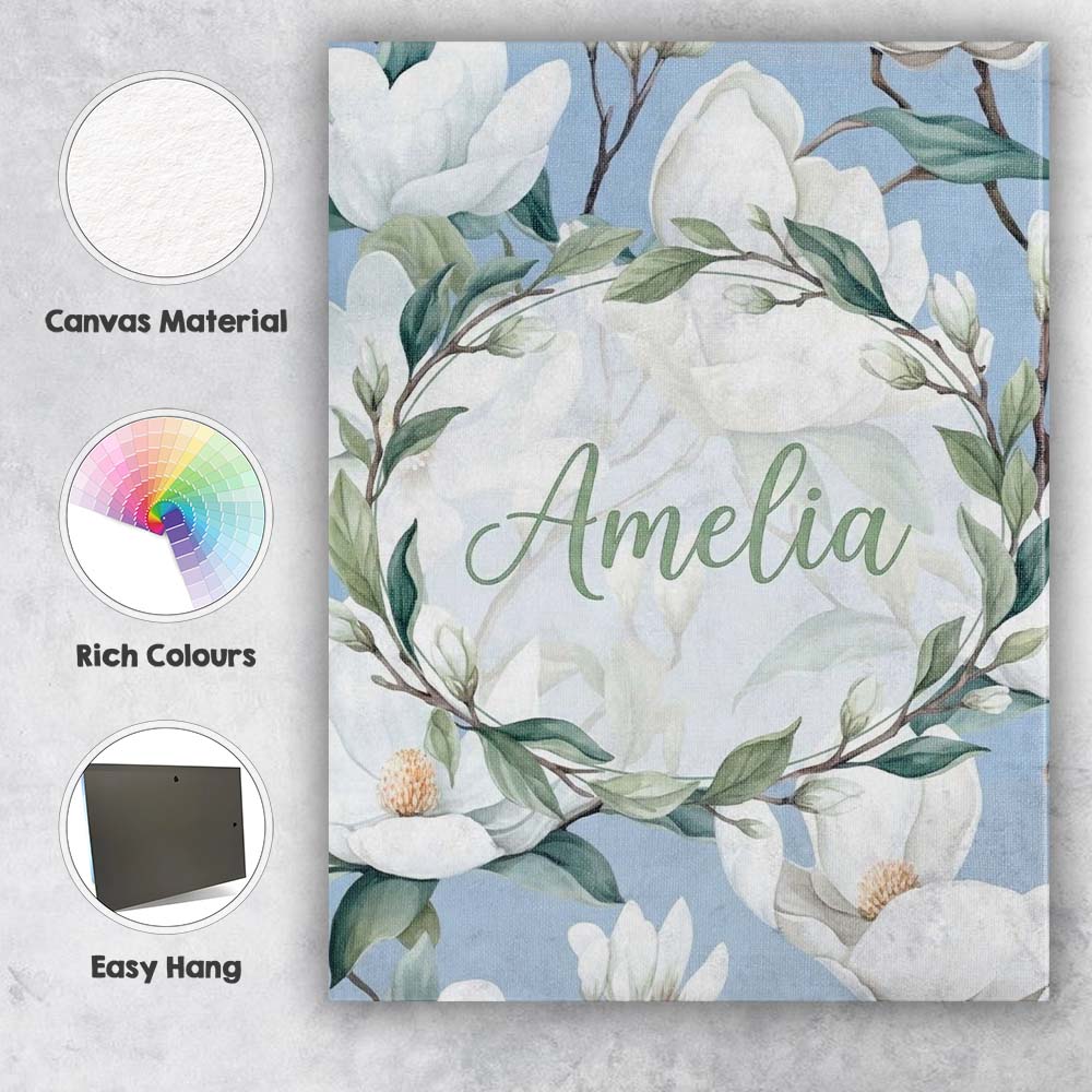 Personalised Name Soft White Magnolia Custom Modern Room Accent Creative Decorator Style Canvas Wall Art Print Decor Picture Ready to Hang