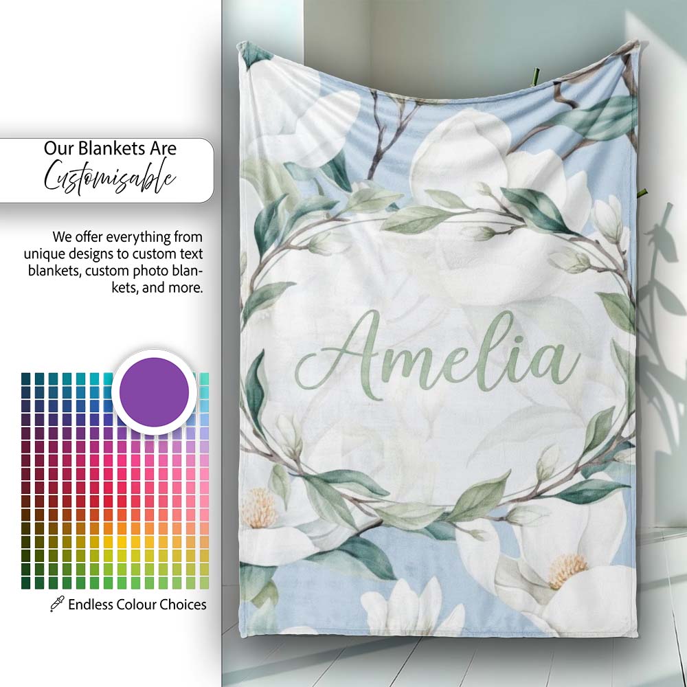 Soft White Magnolia Blossoms on Blue Background Seamless Pattern  Personalised Custom Name Super Soft Fleece Blanket Bed Sofa Throw