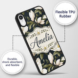 White Magnolia Floral Design on Dark Background Custom Name Protective Phone Case Mobile Cover Durable Everyday Smartphone Shock Resistant