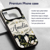 White Magnolia Floral Design on Dark Background Custom Name Protective Phone Case Mobile Cover Durable Everyday Smartphone Shock Resistant