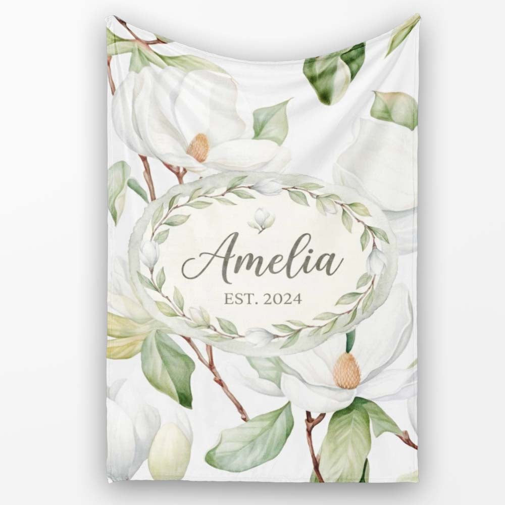 Delicate Magnolia Flowers and Buds Seamless Pattern Cute Unique Gift  Personalised Custom Name Super Soft Fleece Blanket Bed Sofa Throw