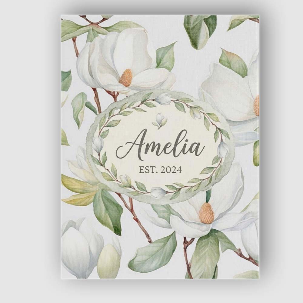 Personalised Name Delicate Magnolia Flowers Custom  Bespoke Interior Contemporary Canvas Wall Art Print Decor Picture Ready to Hang