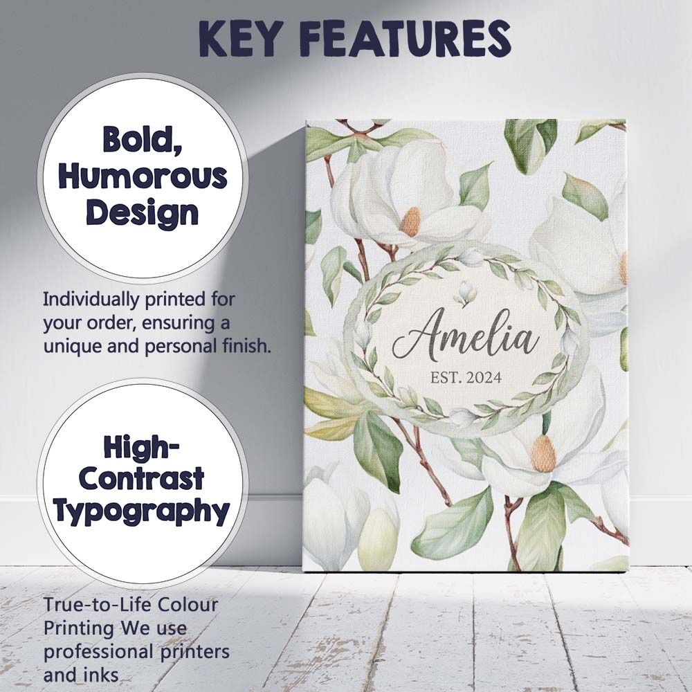 Personalised Name Delicate Magnolia Flowers Custom  Bespoke Interior Contemporary Canvas Wall Art Print Decor Picture Ready to Hang