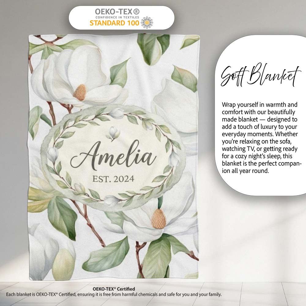 Delicate Magnolia Flowers and Buds Seamless Pattern Cute Unique Gift  Personalised Custom Name Super Soft Fleece Blanket Bed Sofa Throw