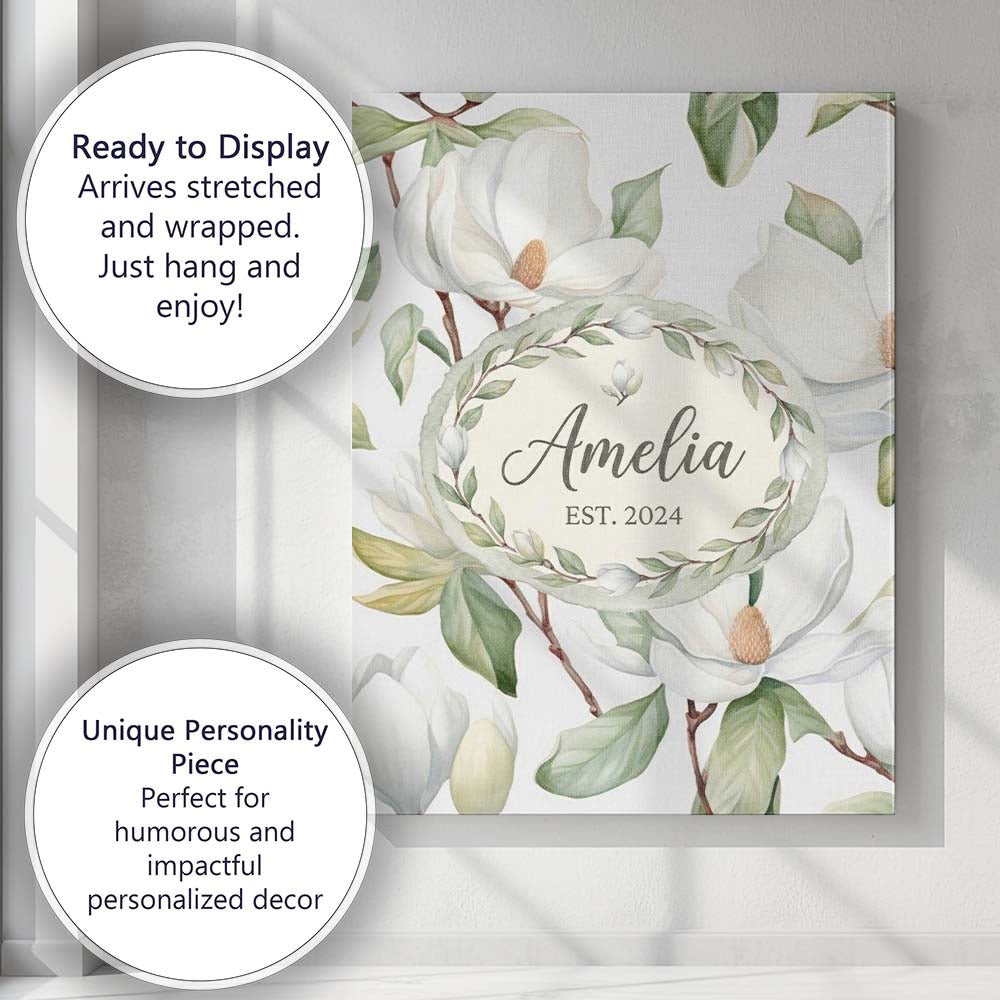 Personalised Name Delicate Magnolia Flowers Custom  Bespoke Interior Contemporary Canvas Wall Art Print Decor Picture Ready to Hang