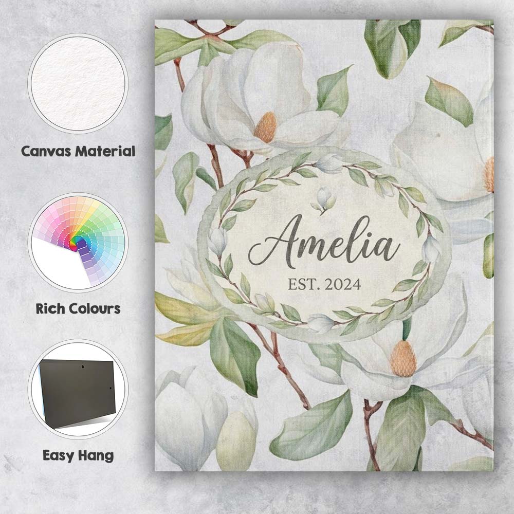 Personalised Name Delicate Magnolia Flowers Custom  Bespoke Interior Contemporary Canvas Wall Art Print Decor Picture Ready to Hang