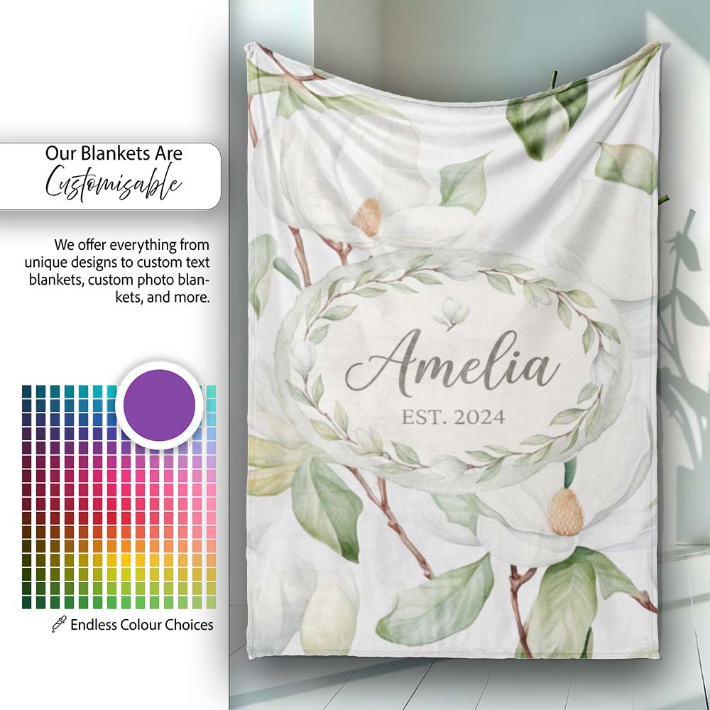 Delicate Magnolia Flowers and Buds Seamless Pattern Cute Unique Gift  Personalised Custom Name Super Soft Fleece Blanket Bed Sofa Throw