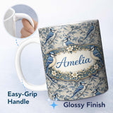 Personalized Custom Name Blue Jay Bird Neutral Botanical Leaf Classic Nature Textile Design 11oz Ceramic Coffee Tea Mug White Large Handle