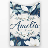 Magnolia Flowers with Blue Leaves on Dark Background Seamless Lovely  Personalised Custom Name Super Soft Fleece Blanket Bed Sofa Throw