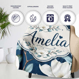 Magnolia Flowers with Blue Leaves on Dark Background Seamless Lovely  Personalised Custom Name Super Soft Fleece Blanket Bed Sofa Throw