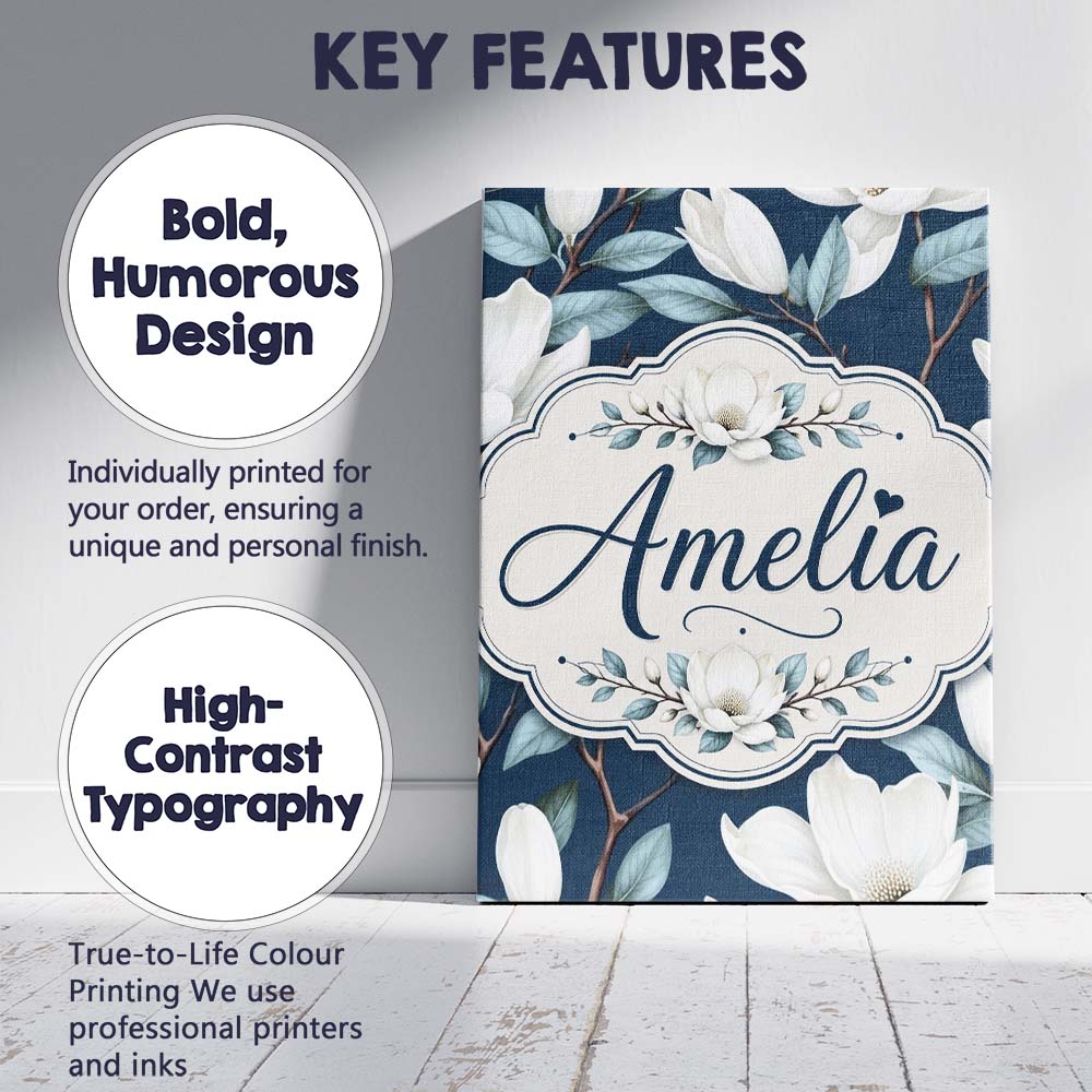 Personalised Name Magnolia Flowers with Custom  Modern Room Accent Elegant Feature Canvas Wall Art Print Decor Picture Ready to Hang