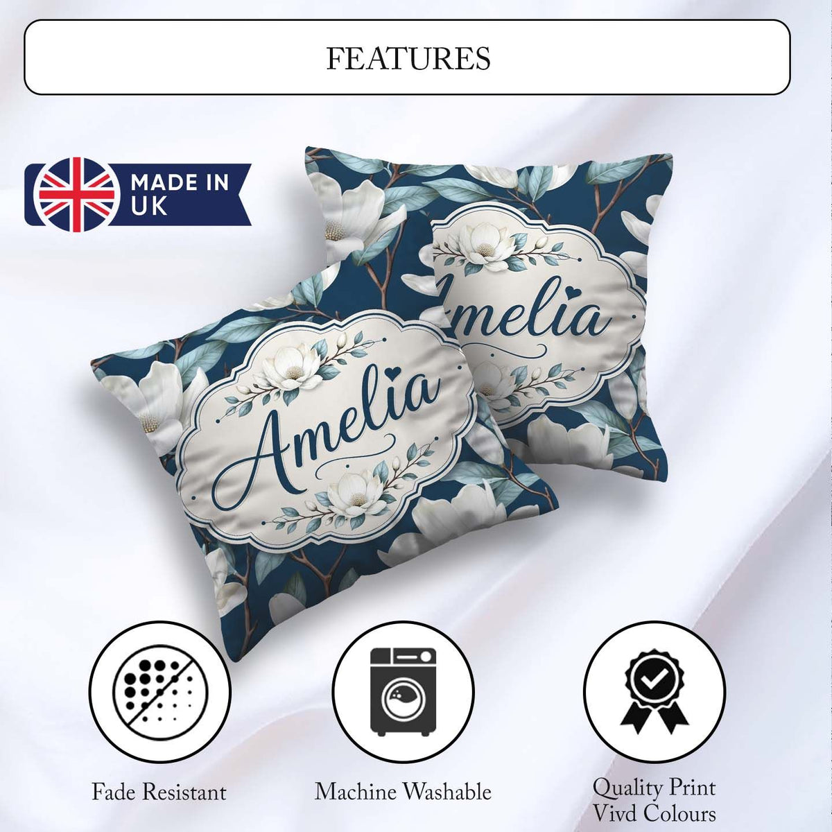 Custom Name Magnolia Flowers with Blue Leaves on Dark Background Square Filled Cushion Throw Pillow Sofa Bed Home Decor Zip Washable UK Made