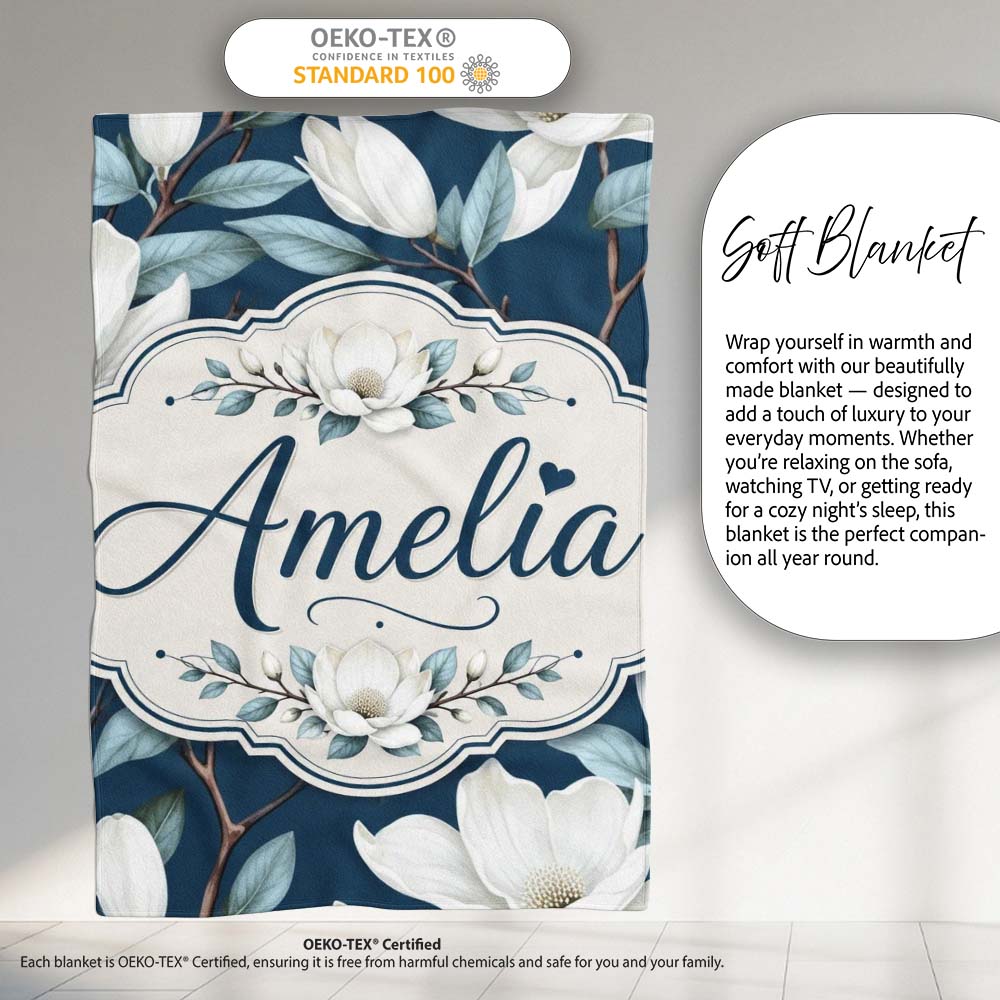 Magnolia Flowers with Blue Leaves on Dark Background Seamless Lovely  Personalised Custom Name Super Soft Fleece Blanket Bed Sofa Throw