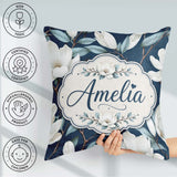 Custom Name Magnolia Flowers with Blue Leaves on Dark Background Square Filled Cushion Throw Pillow Sofa Bed Home Decor Zip Washable UK Made