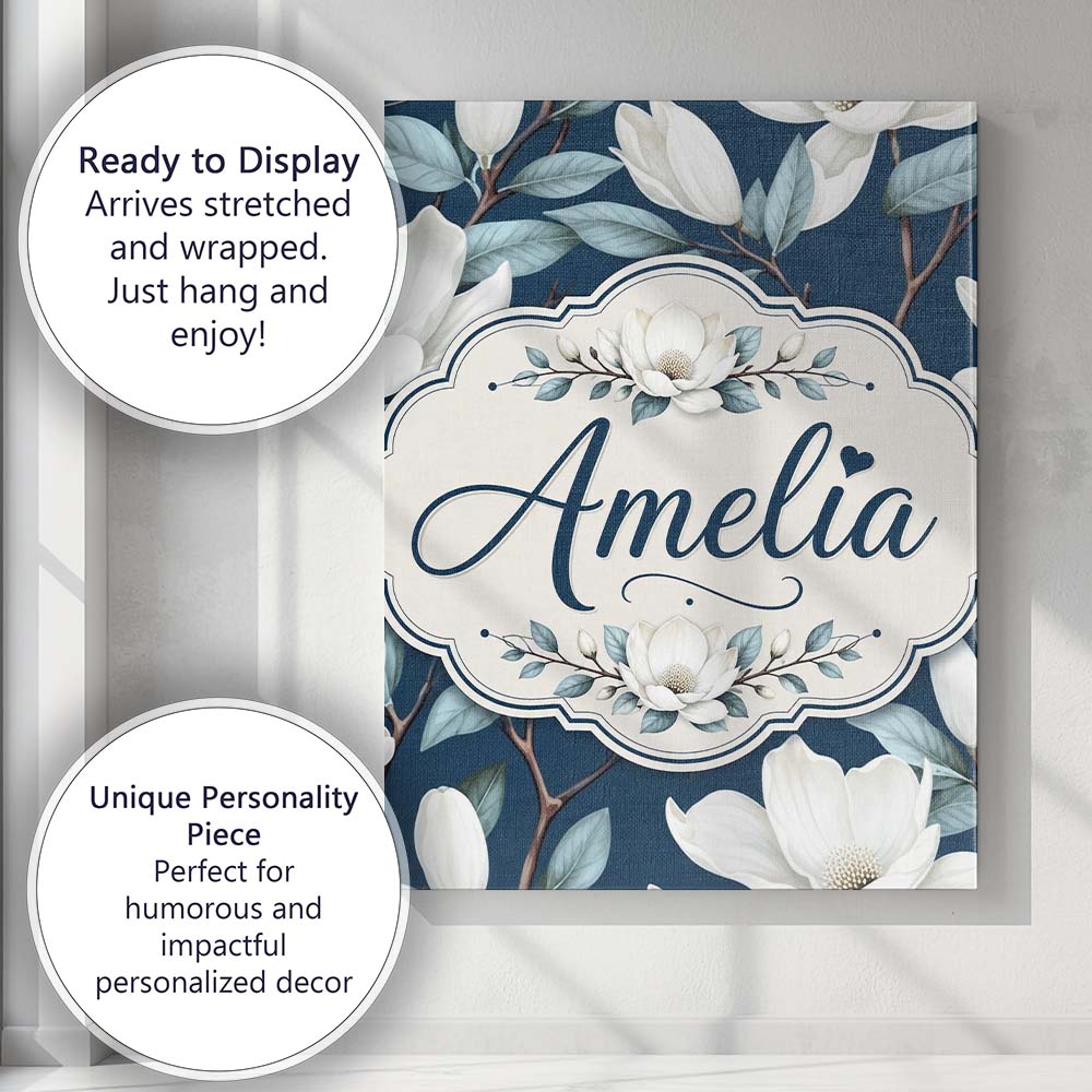 Personalised Name Magnolia Flowers with Custom  Modern Room Accent Elegant Feature Canvas Wall Art Print Decor Picture Ready to Hang