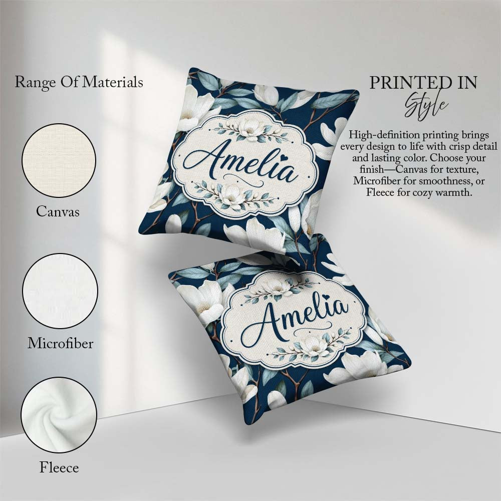 Custom Name Magnolia Flowers with Blue Leaves on Dark Background Square Filled Cushion Throw Pillow Sofa Bed Home Decor Zip Washable UK Made