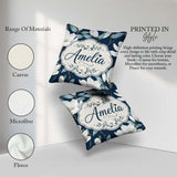 Custom Name Magnolia Flowers with Blue Leaves on Dark Background Square Filled Cushion Throw Pillow Sofa Bed Home Decor Zip Washable UK Made