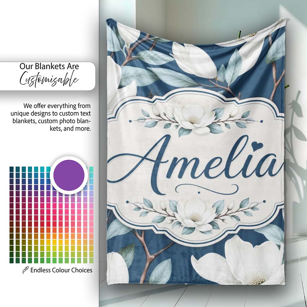 Magnolia Flowers with Blue Leaves on Dark Background Seamless Lovely  Personalised Custom Name Super Soft Fleece Blanket Bed Sofa Throw