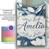 Magnolia Flowers with Blue Leaves on Dark Background Seamless Lovely  Personalised Custom Name Super Soft Fleece Blanket Bed Sofa Throw