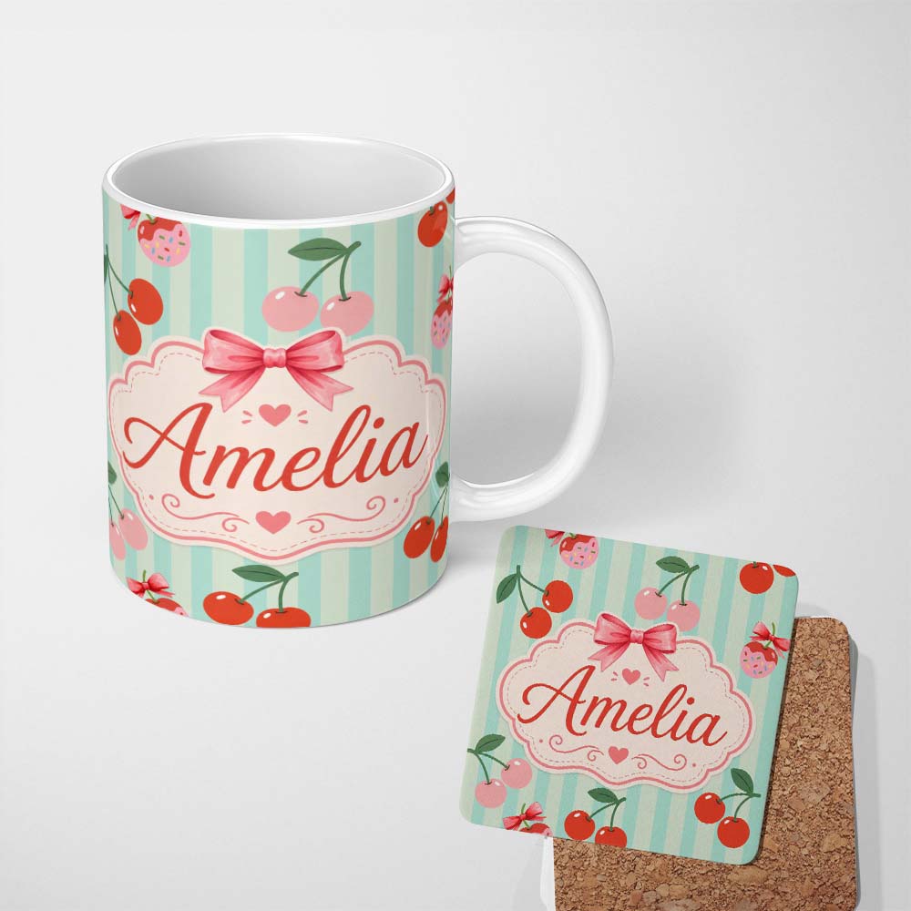 Personalized Custom Name Cute Cherry Fruit with Bow and Sprinkles Pattern Mint Stripe Lovely 11oz Ceramic Coffee Tea Mug White Large Handle