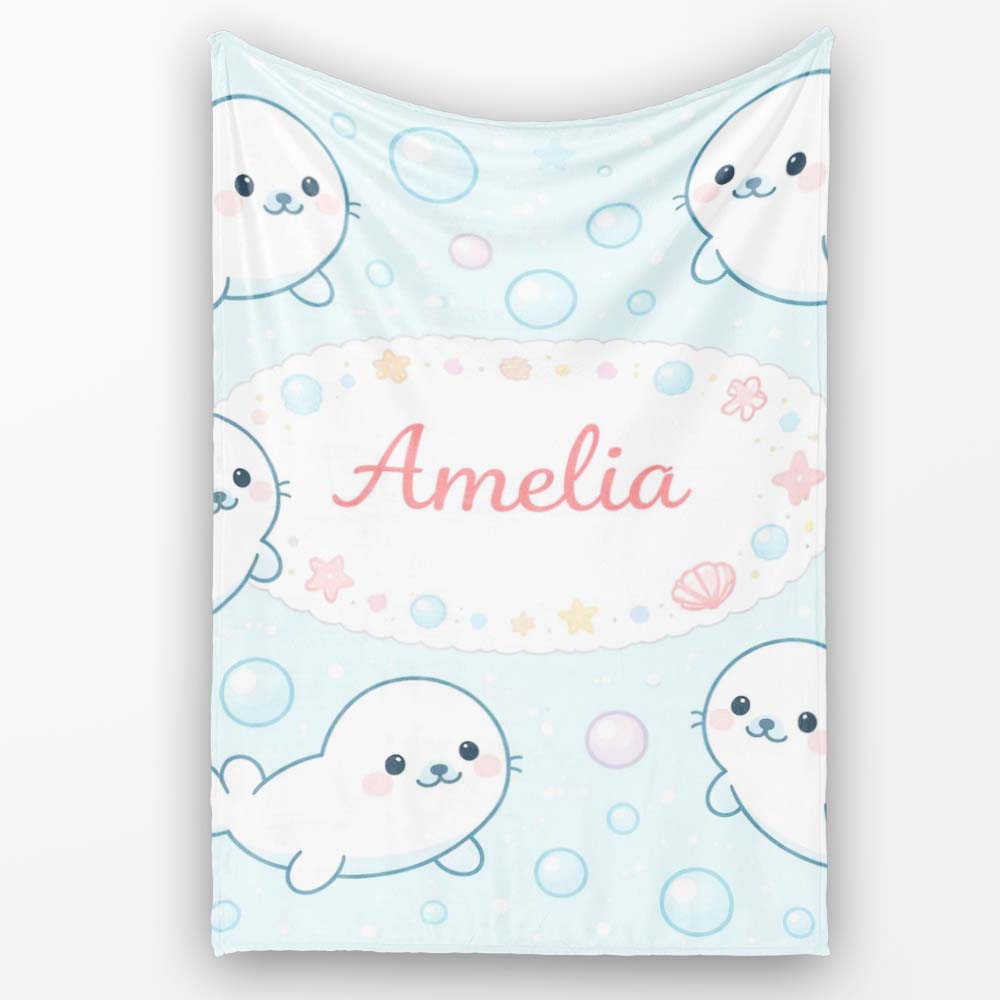 Cute Kawaii Seal Cartoon Animal Ocean Pattern Stylish Everyday   Personalised Custom Name Super Soft Fleece Blanket Bed Sofa Throw