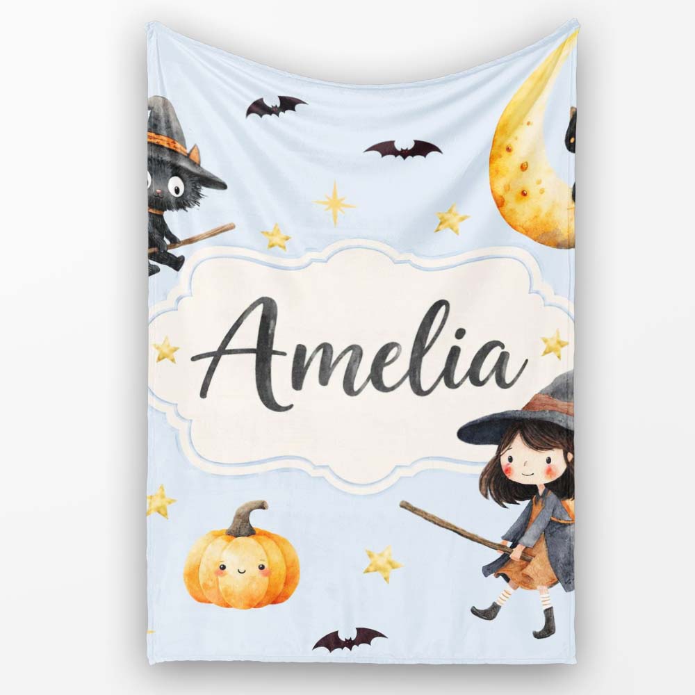 Cute Halloween Witch Girl with Black Cats Moon and Stars Seamless  Personalised Custom Name Super Soft Fleece Blanket Bed Sofa Throw