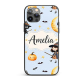 Cute Halloween Witch Girl with Black Cats Moon Custom Name Protective Phone Case Mobile Cover Durable Everyday Smartphone Shock Resistant