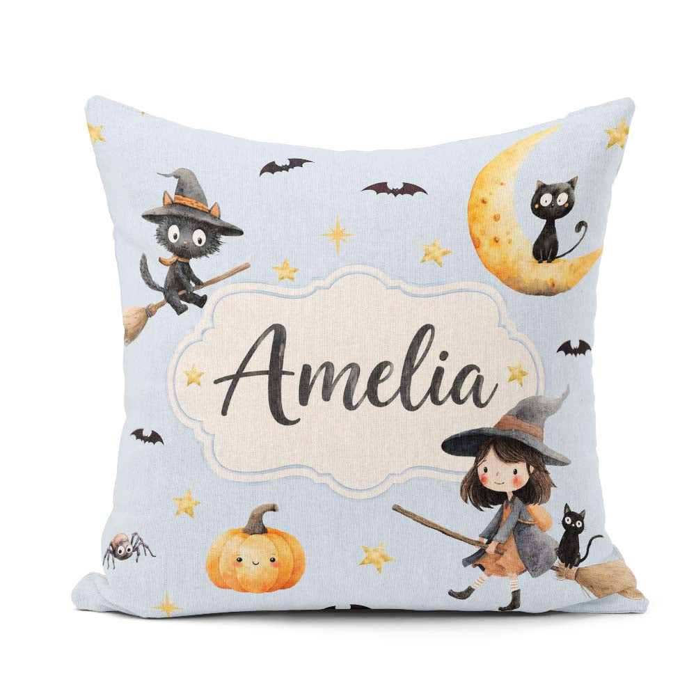 Custom Name Halloween Witch Girl with Black Cats Moon and Stars Square Filled Cushion Throw Pillow Sofa Bed Home Decor Zip Washable UK Made