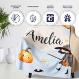Cute Halloween Witch Girl with Black Cats Moon and Stars Seamless  Personalised Custom Name Super Soft Fleece Blanket Bed Sofa Throw